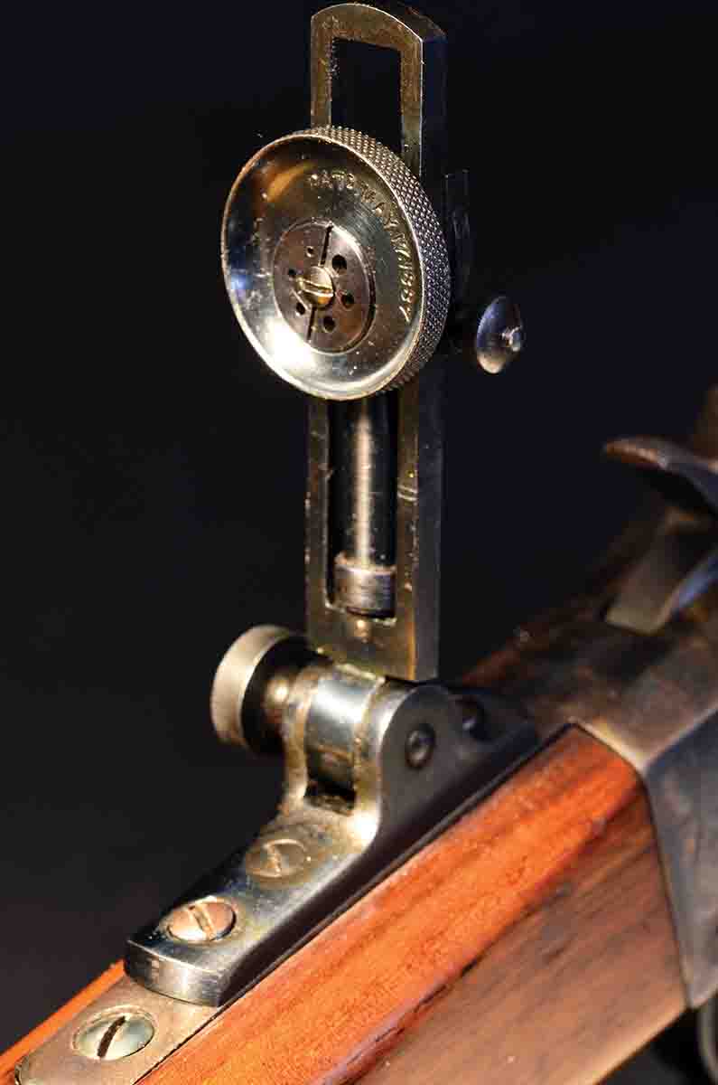 A Stevens 104 “Mid-Range” vernier tang sight, with a Hadley eye cup.